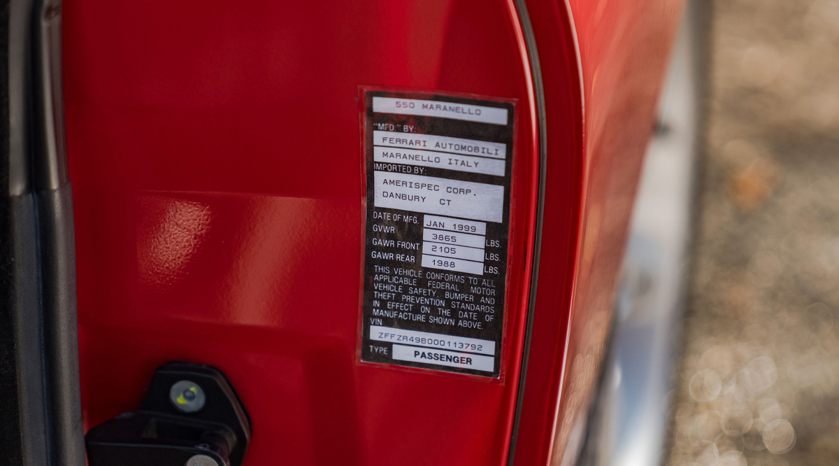 Doorjamb of 1999 Ferrari 550 Maranello offered at RM Sotheby's Open Roads February online auction 2022